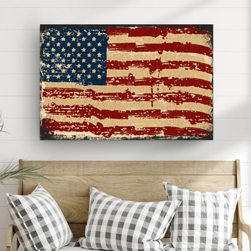 American flag canvas wall art, distressed blue stars and red striped design