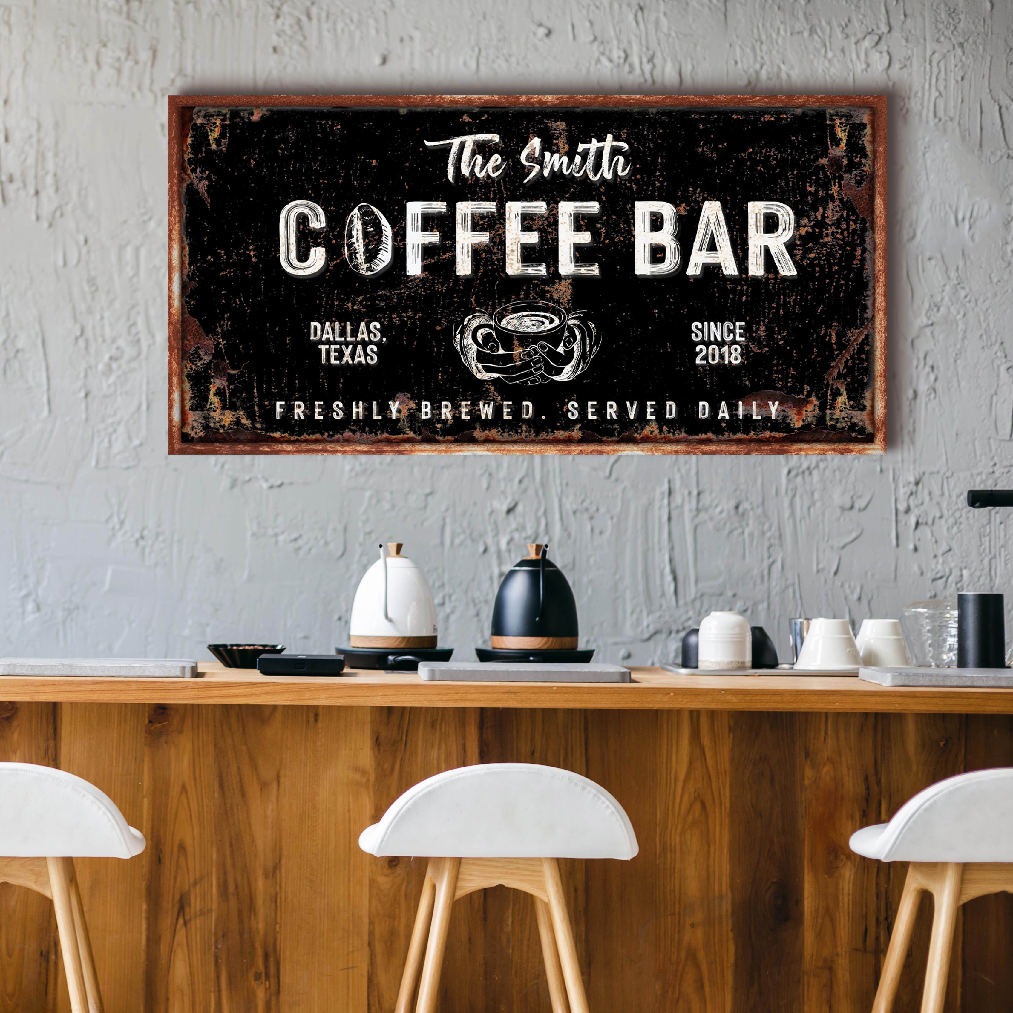 Framed coffee bar sign with dark background, distressed lettering, brown frame
