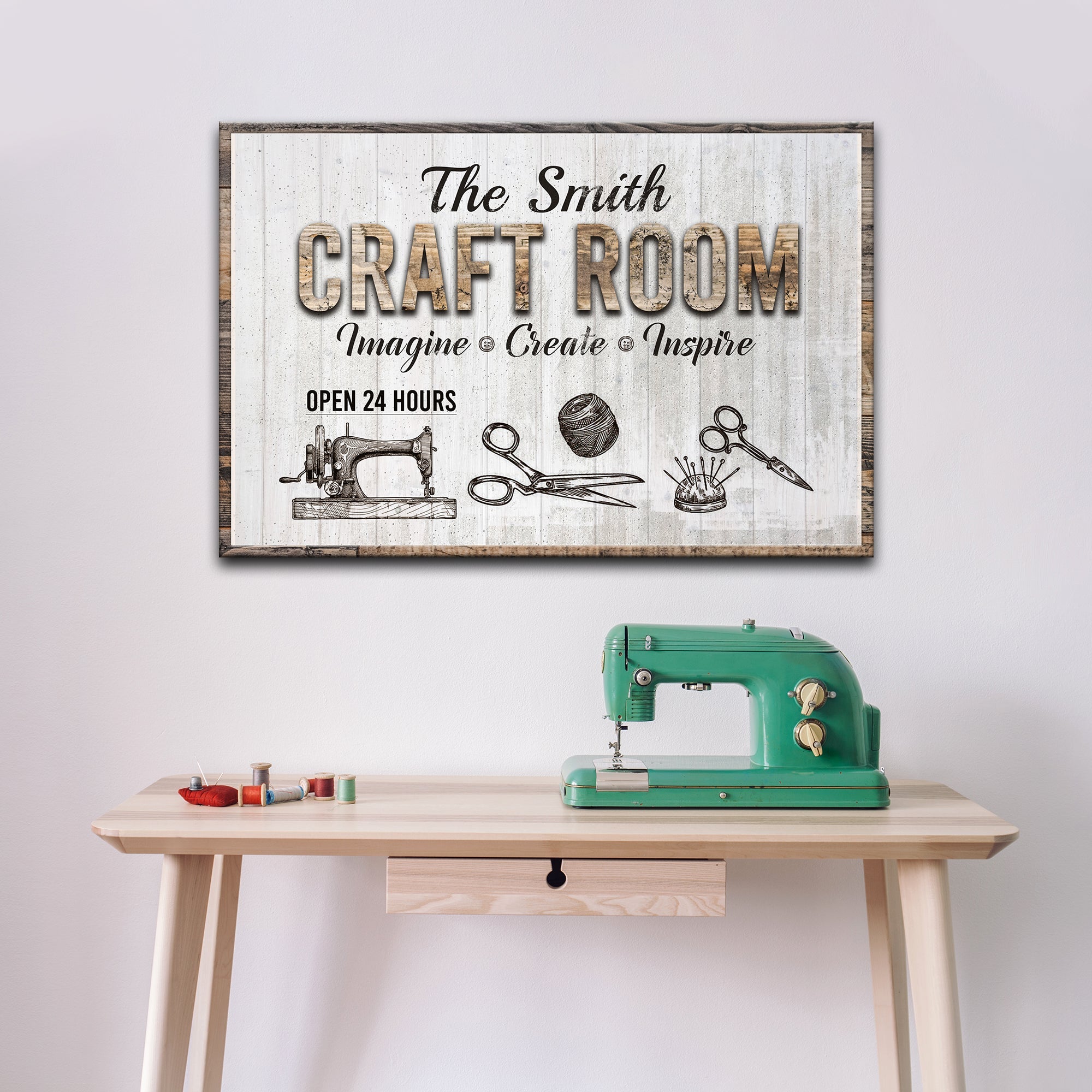 Craft room wall sign with sewing icons and 'OPEN 24 HOURS' text, landscape canvas.