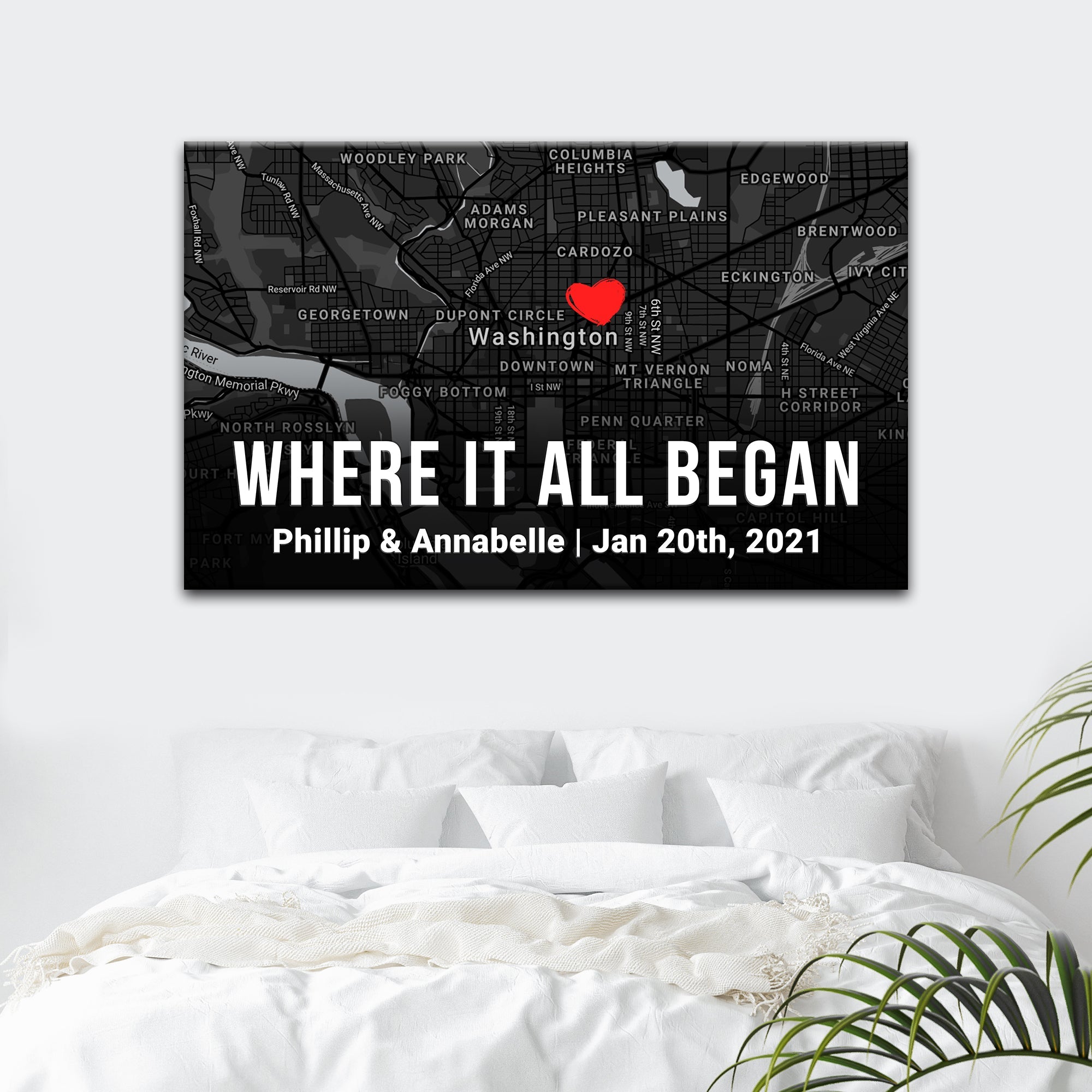 Framed street map wall art in dark tones, red heart marker, bold title text