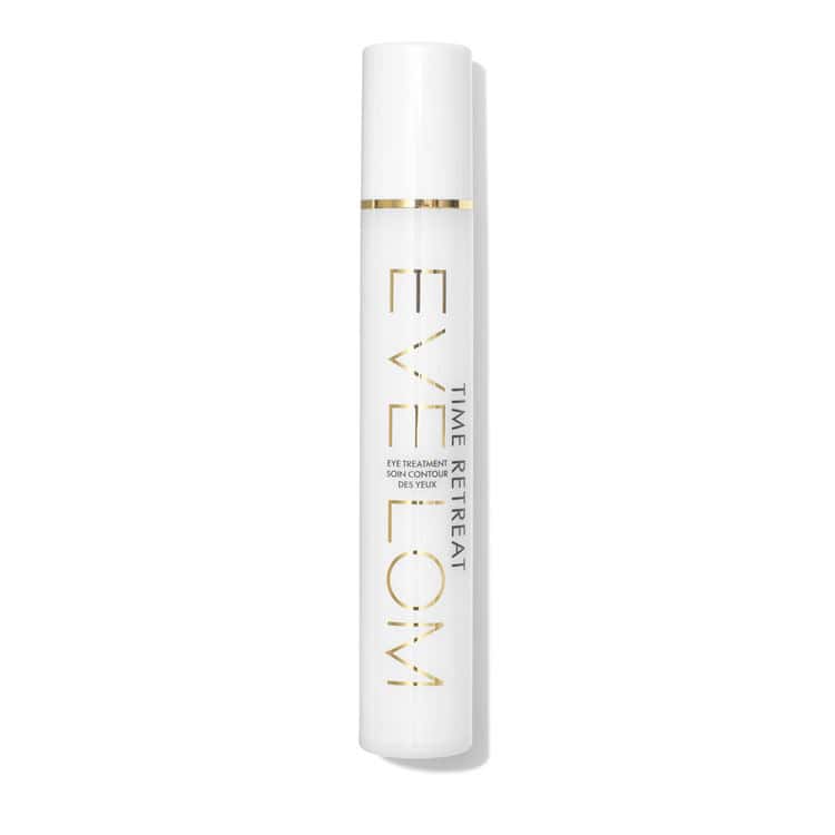 eve lom eye treatment bottle, white cylinder with gold label and cap
