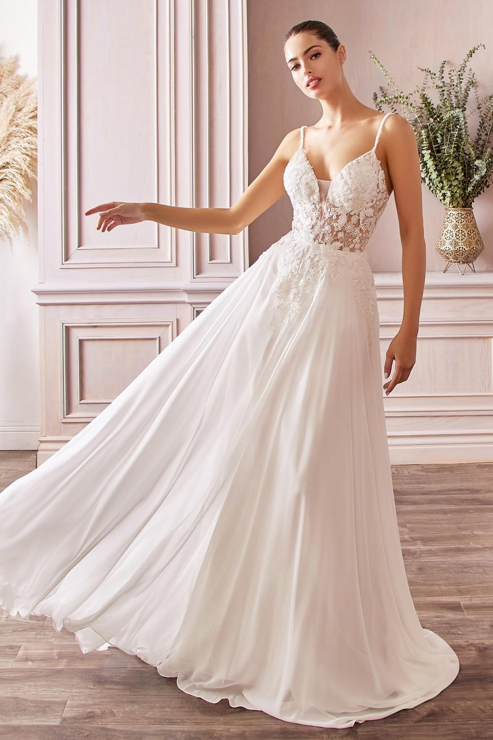 Off-white A-line chiffon gown with beaded floral appliqué bodice and delicate spaghetti straps