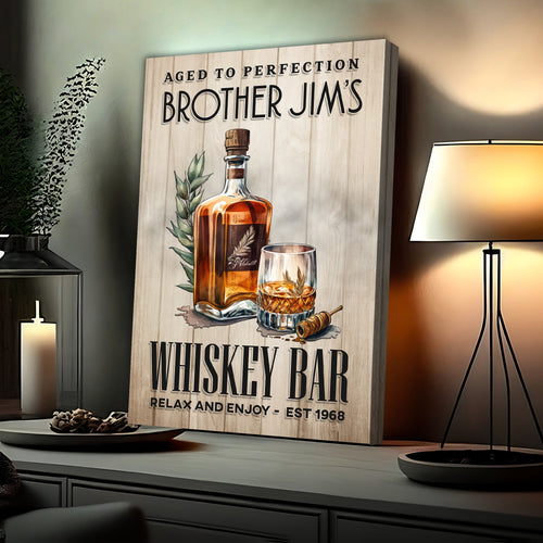Whiskey bar sign with bottle and glass illustration and 'Aged to Perfection' text.
