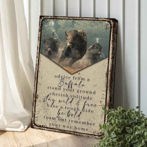 Framed buffalo wall art sign with vintage blue-green buffalo imagery and inspirational quote