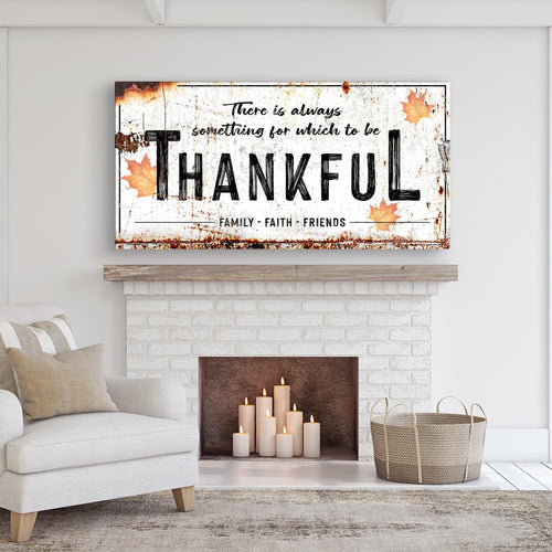 Thankful wall sign with distressed white panel and black 'THANKFUL' word