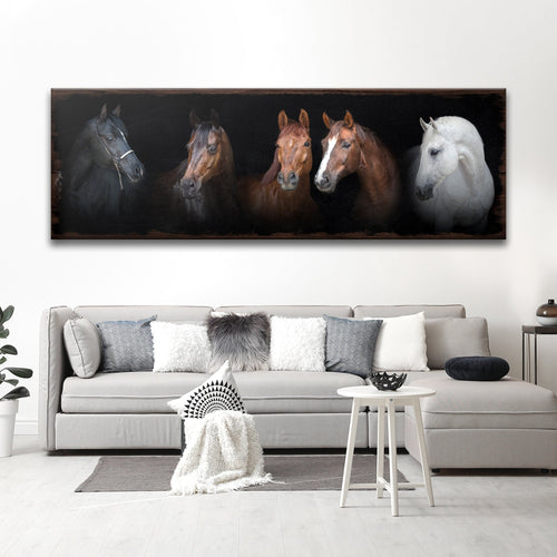 Horses canvas wall art with five horse portraits across a dark strip