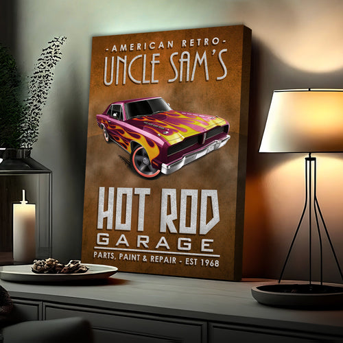 Retro hot rod garage wall sign with colorful muscle car and “Hot Rod Garage” lettering
