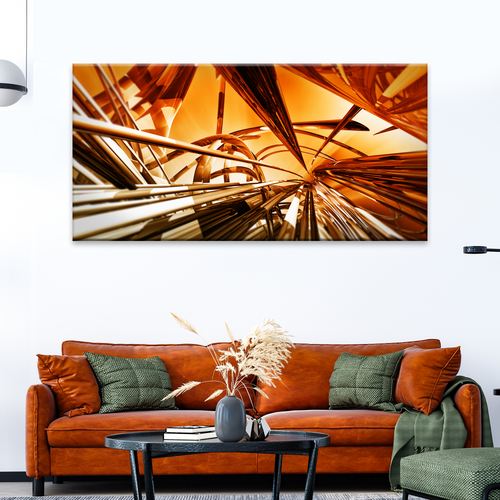 Gold metallic line abstract wall canvas with 3D radial burst design