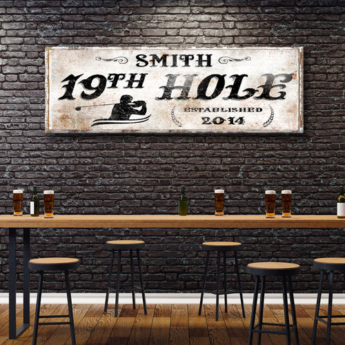 Rectangular golf bar wall sign with “SMITH” and “19th HOLE” text, established 2014