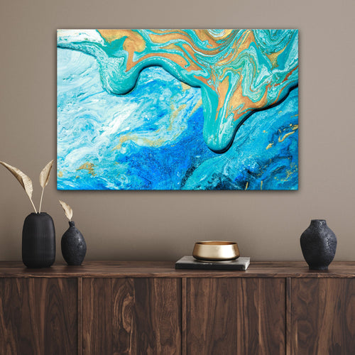 Abstract sea canvas wall art with teal and blue marbled wave patterns, landscape frame