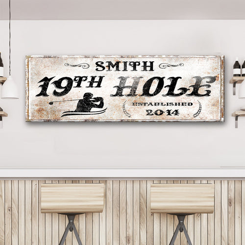 Golf-themed wall sign featuring “SMITH”, “19th HOLE”, and established 2014 text