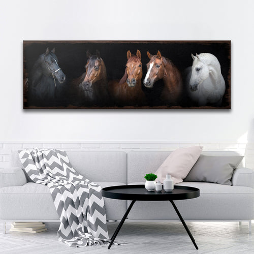 Horses canvas wall art featuring five horse faces across a dark background