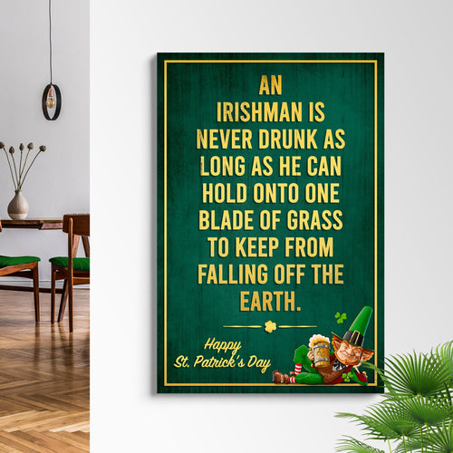 Framed green wall sign with gold quote text and small leprechaun near the bottom