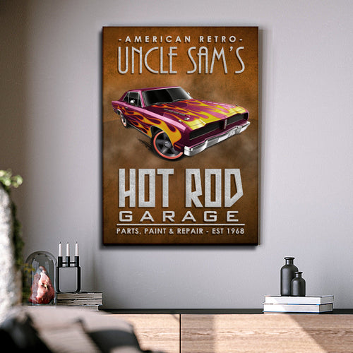 Retro hot rod garage wall sign with flame car artwork and “Uncle Sam's” title