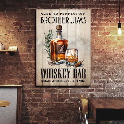Whiskey bar wall sign with bottle, glass, and bold 'WHISKEY BAR' lettering.