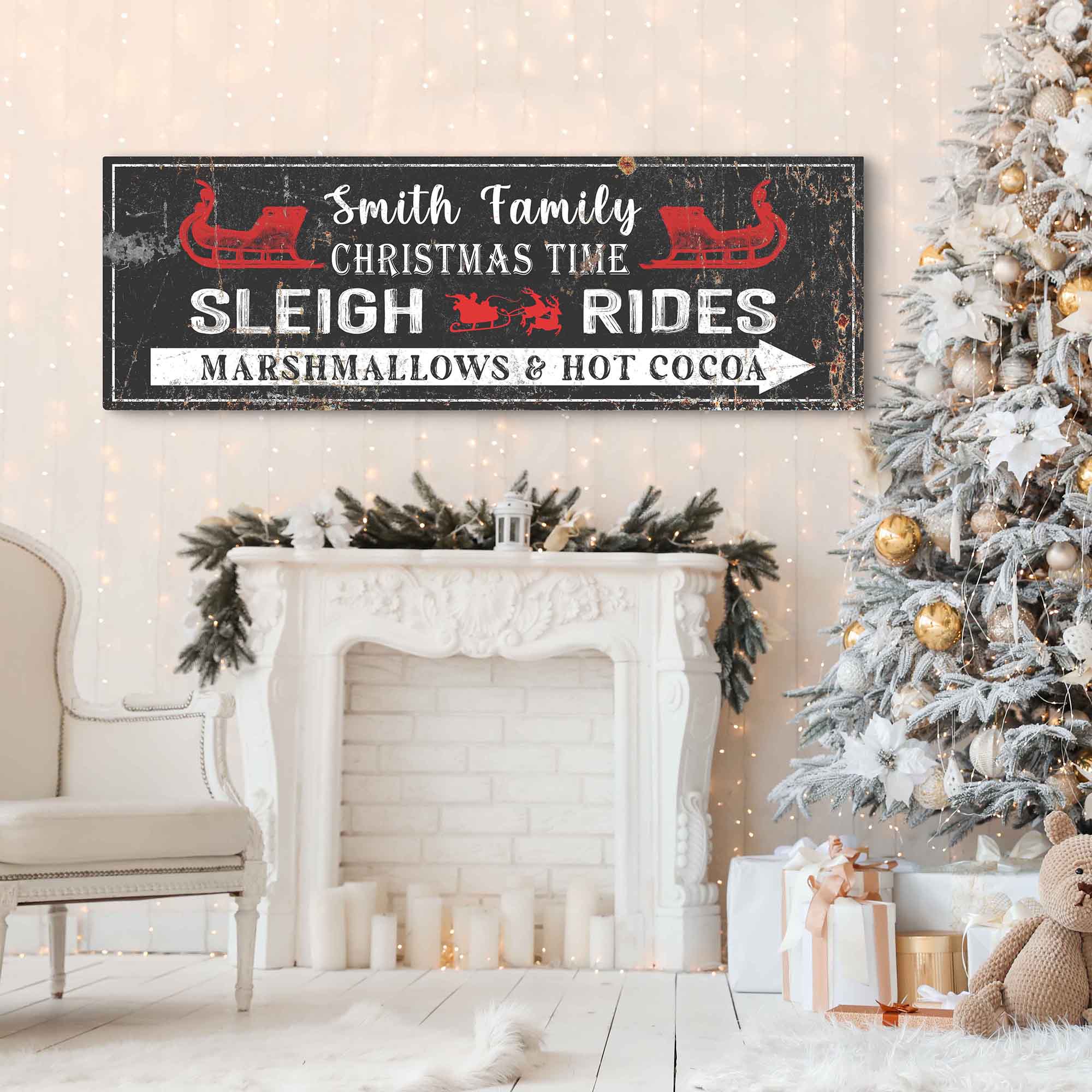 Christmas sleigh rides sign above a white fireplace, red sleigh and black lettering