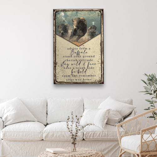 Framed buffalo wall art sign on wall with blue-green buffalo portrait and quote