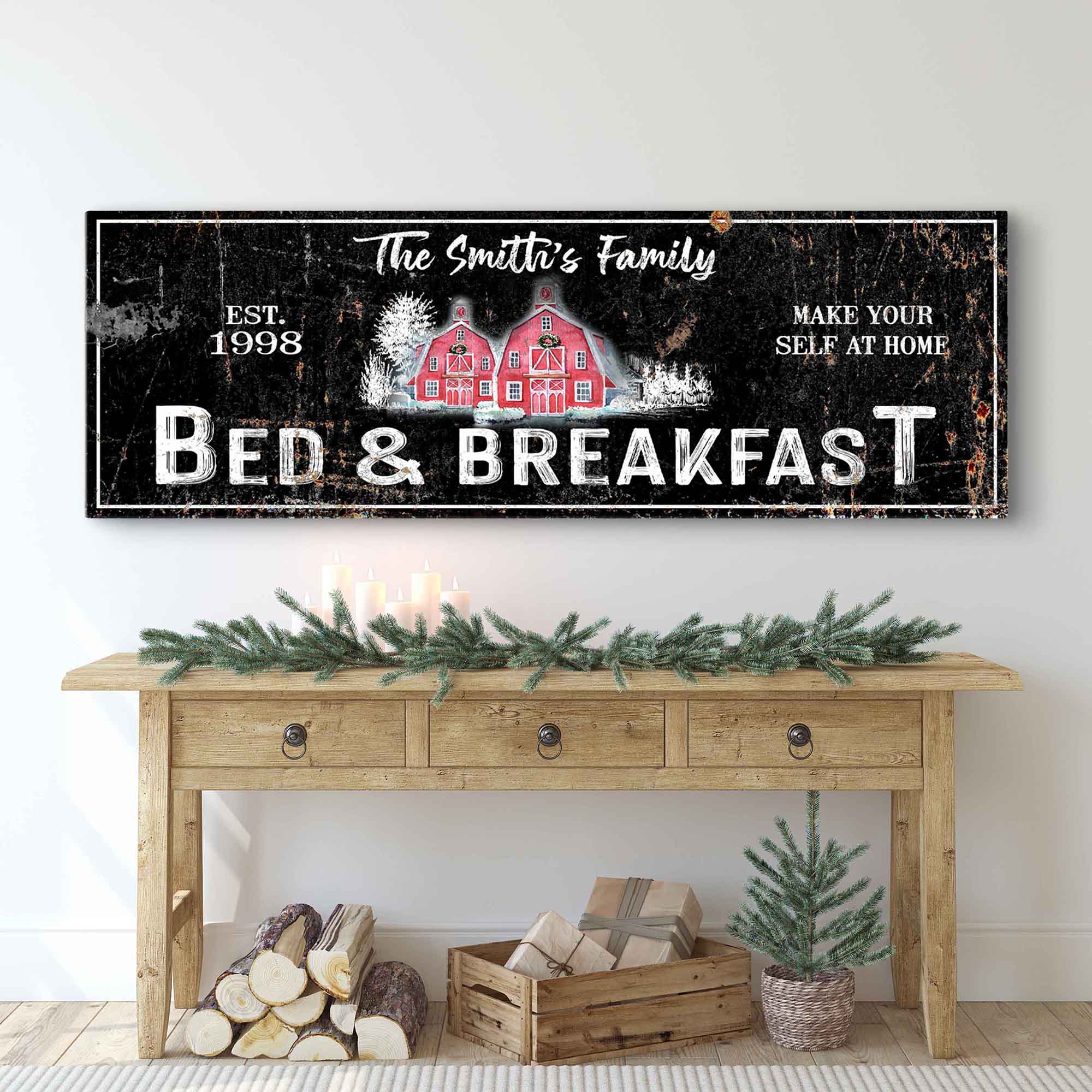Christmas Bed & Breakfast sign with dark distressed background, red house icon, white lettering