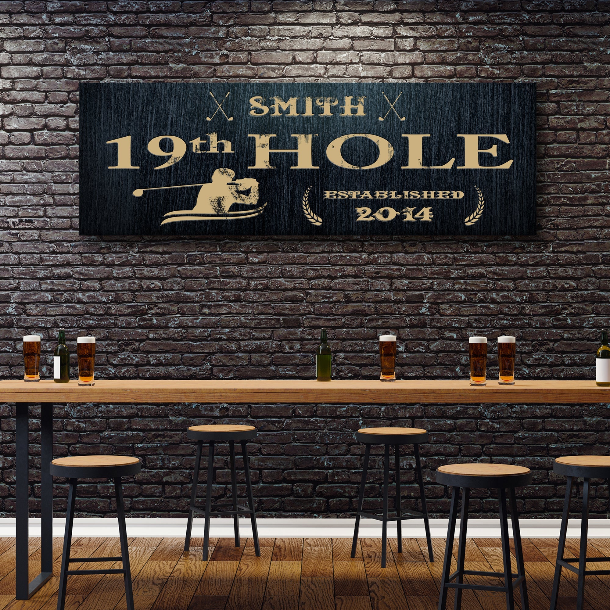 Golf-themed wall sign with dark background, “SMITH”, “19th HOLE”, and “Established 2014”