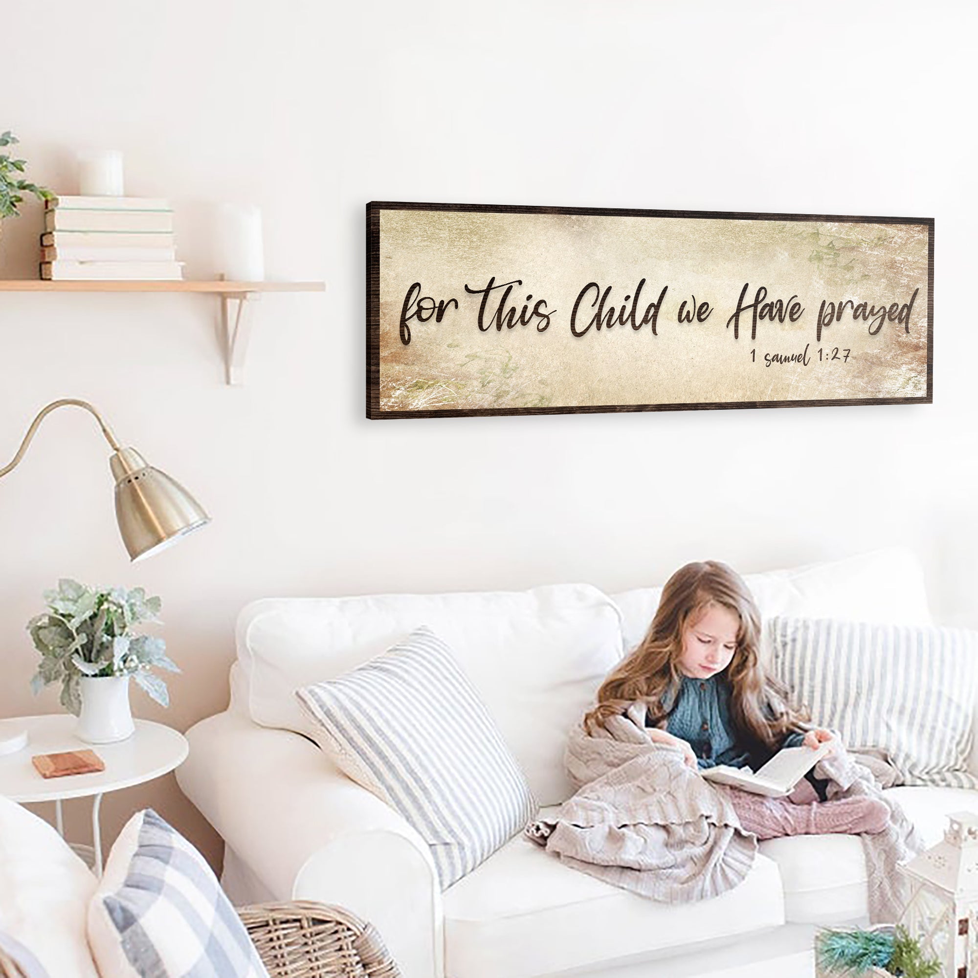 Framed wall sign with cursive scripture quote on mottled grey canvas background