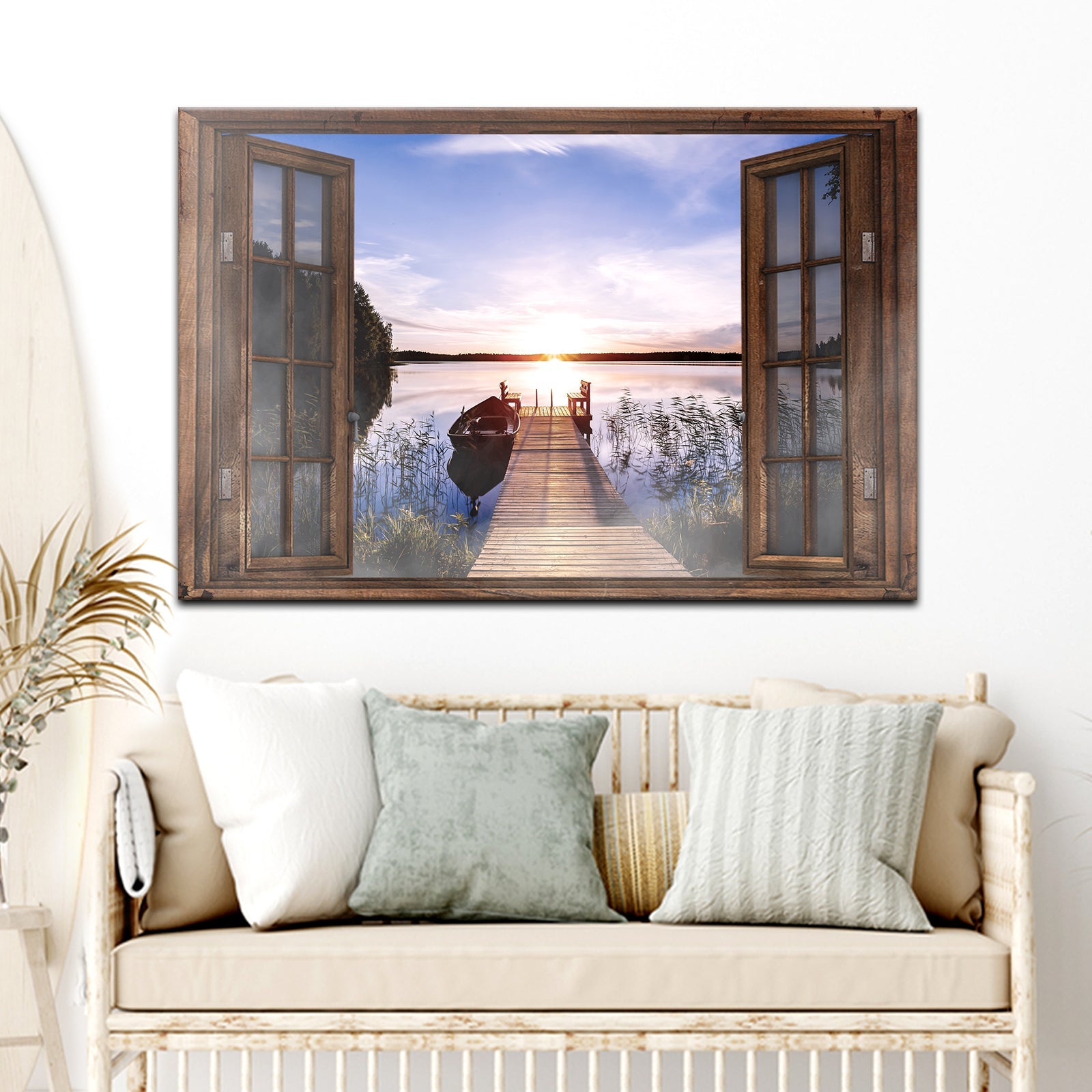 Landscape canvas wall art with open doors, dock walkway, and glowing lake at dusk