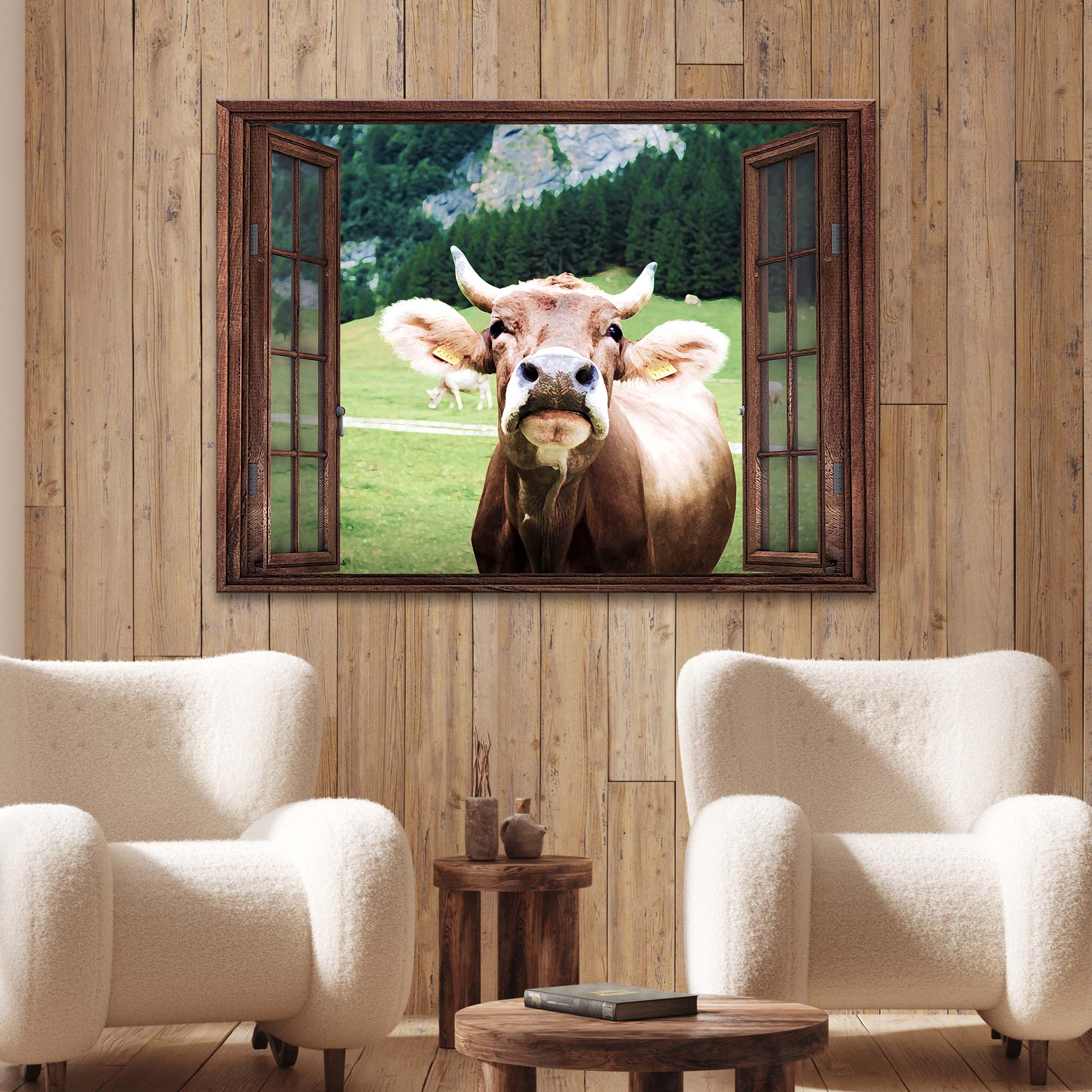 Framed canvas wall art featuring a brown cow and white face viewed through window frames.
