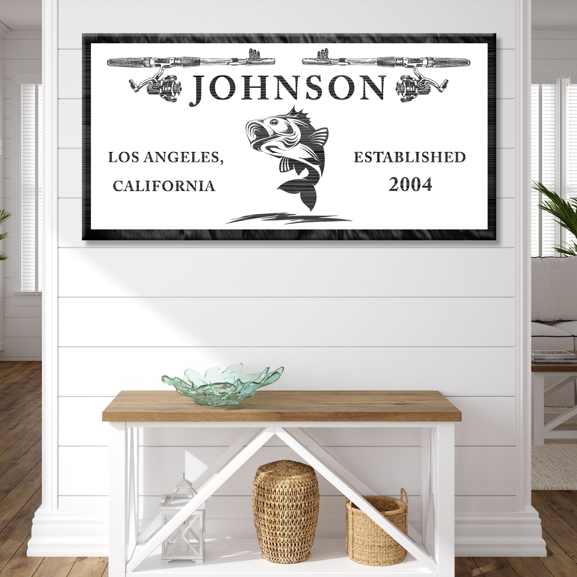 Framed fish-themed wall sign with JOHNSON and established 2004 in a dark border