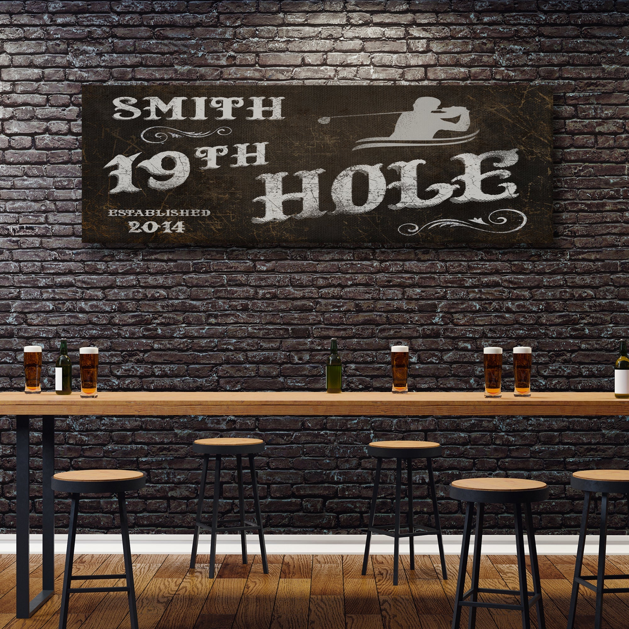 Close-up of golf wall sign text: “SMITH”, “19th HOLE”, and “Established 2014”