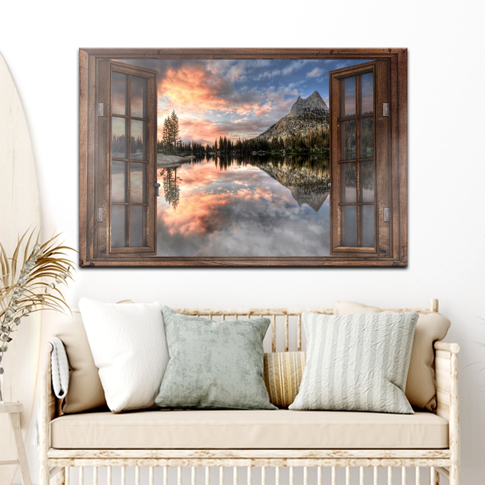 Landscape canvas wall art with open doors and mirrored mountain and sky reflections