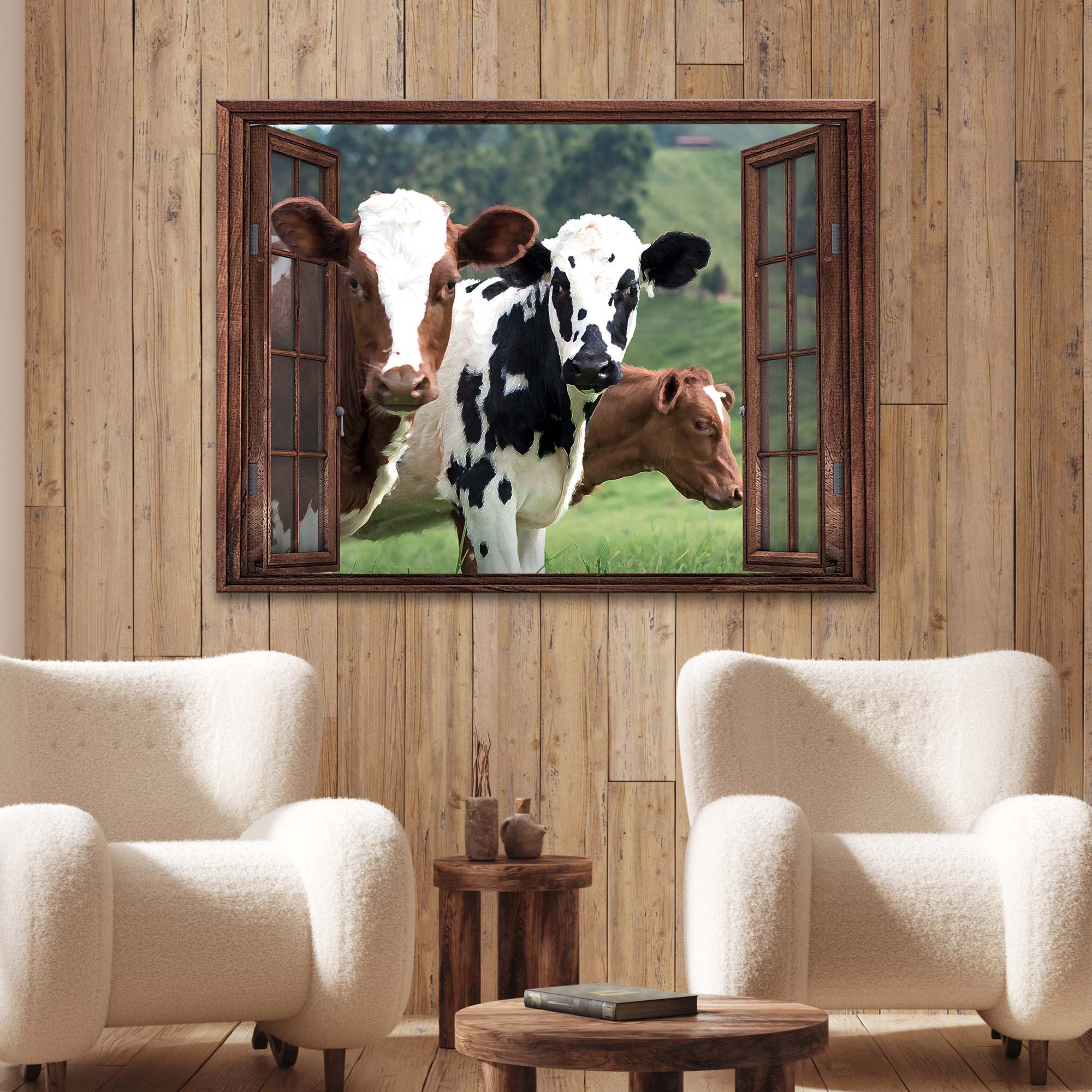 Canvas wall art with multiple cows—brown, white, and black—through window openings.