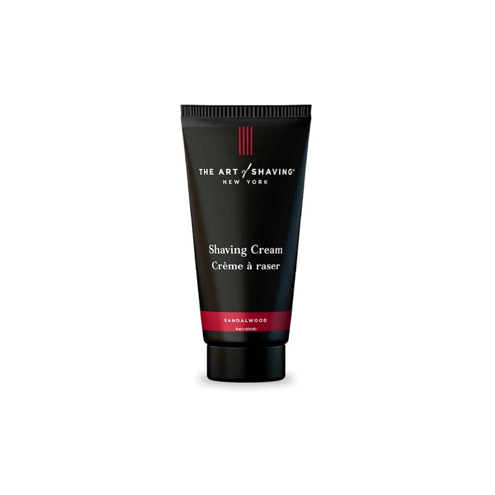 Sandalwood shaving cream tube, black with red logo and brand label