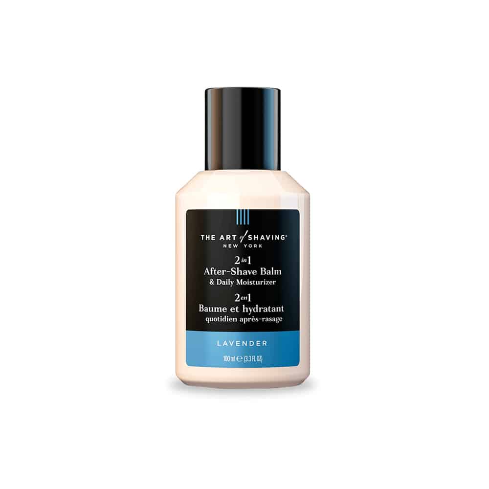 After-shave balm bottle with lavender label, black cap, beige lotion