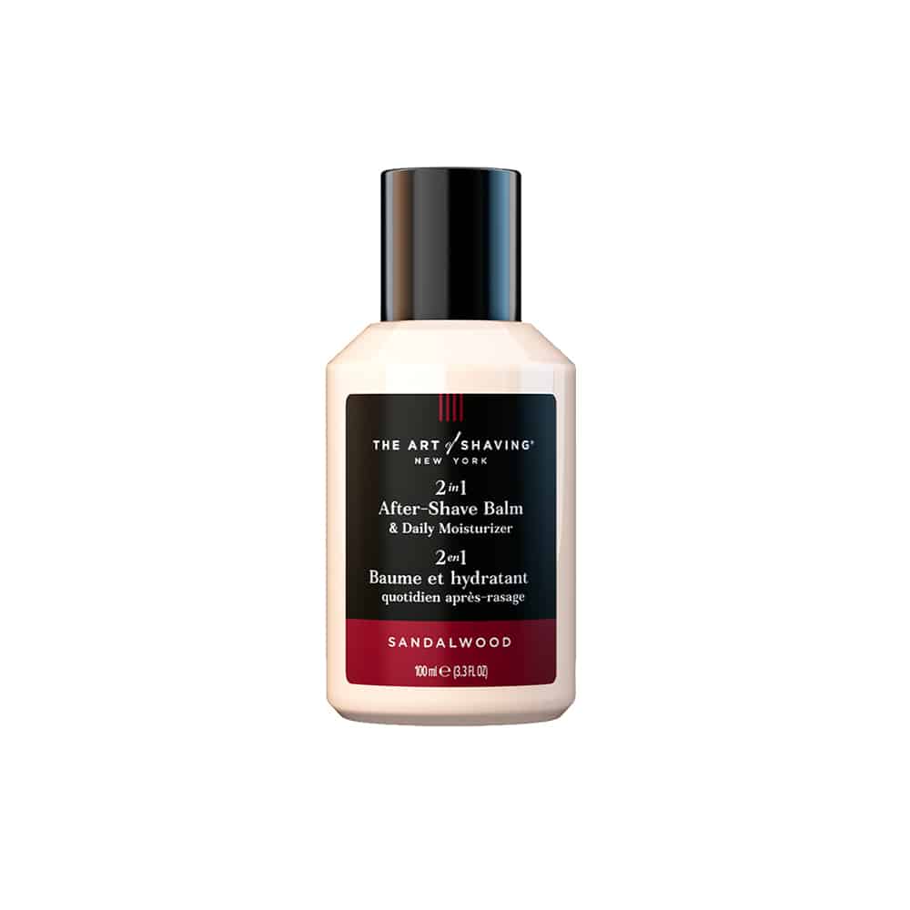After-shave balm bottle with dark pump cap, beige liquid, sandalwood scent