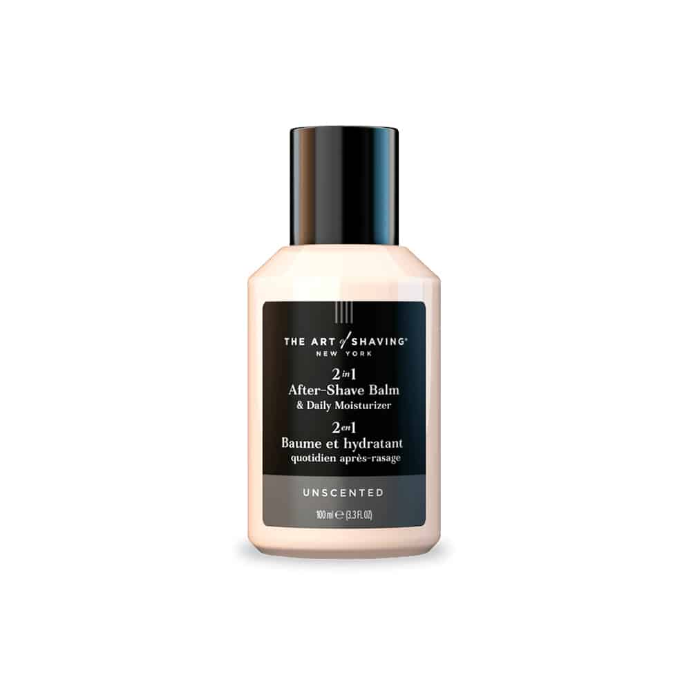 Unscented after shave balm bottle with black label and silver cap