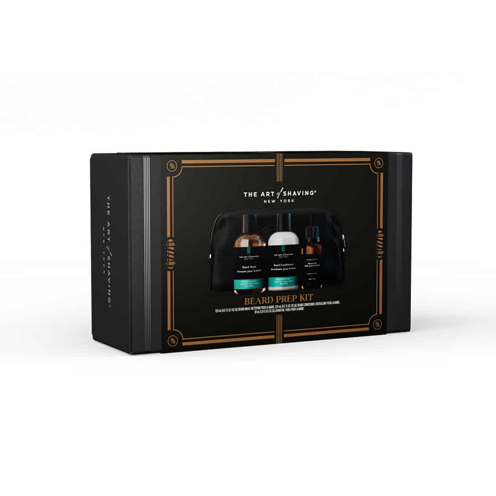 Beard prep kit gift box, dark with gold trim and The Art of Shaving branding