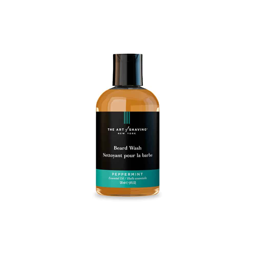 The Art of Shaving beard wash bottle, amber glass with black cap and peppermint label