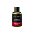 Pre-shave oil bottle with black cap, dark green glass, Sandalwood label