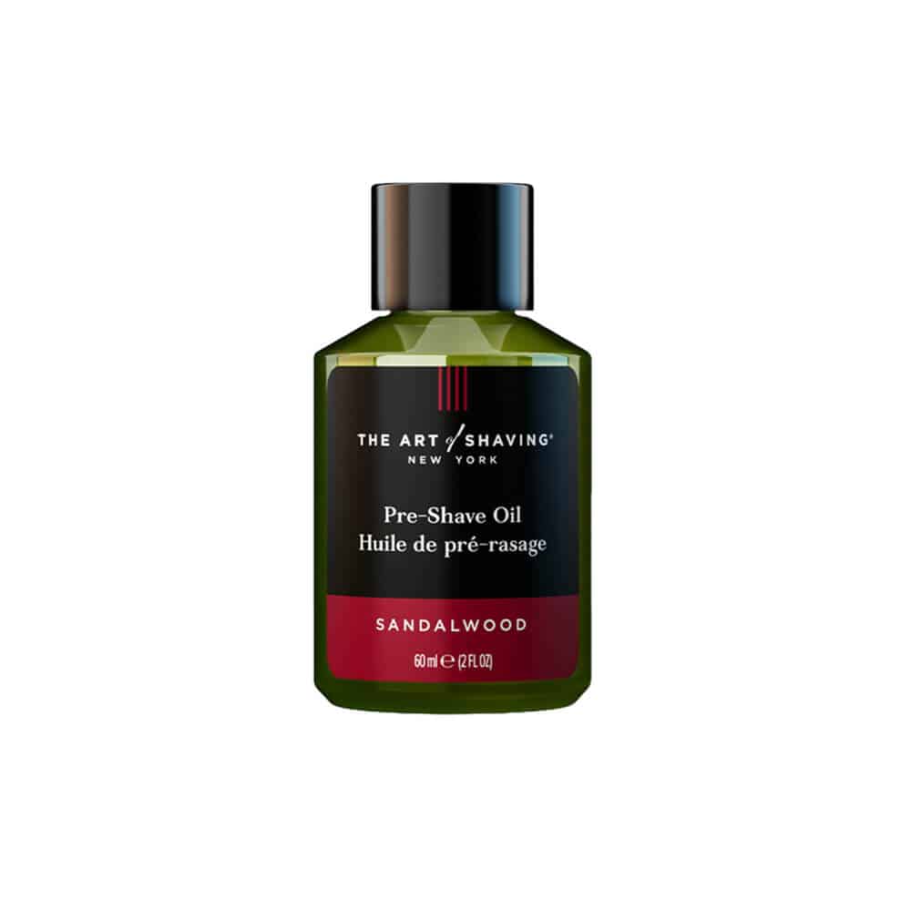 Pre-shave oil bottle with black cap, dark green glass, Sandalwood label