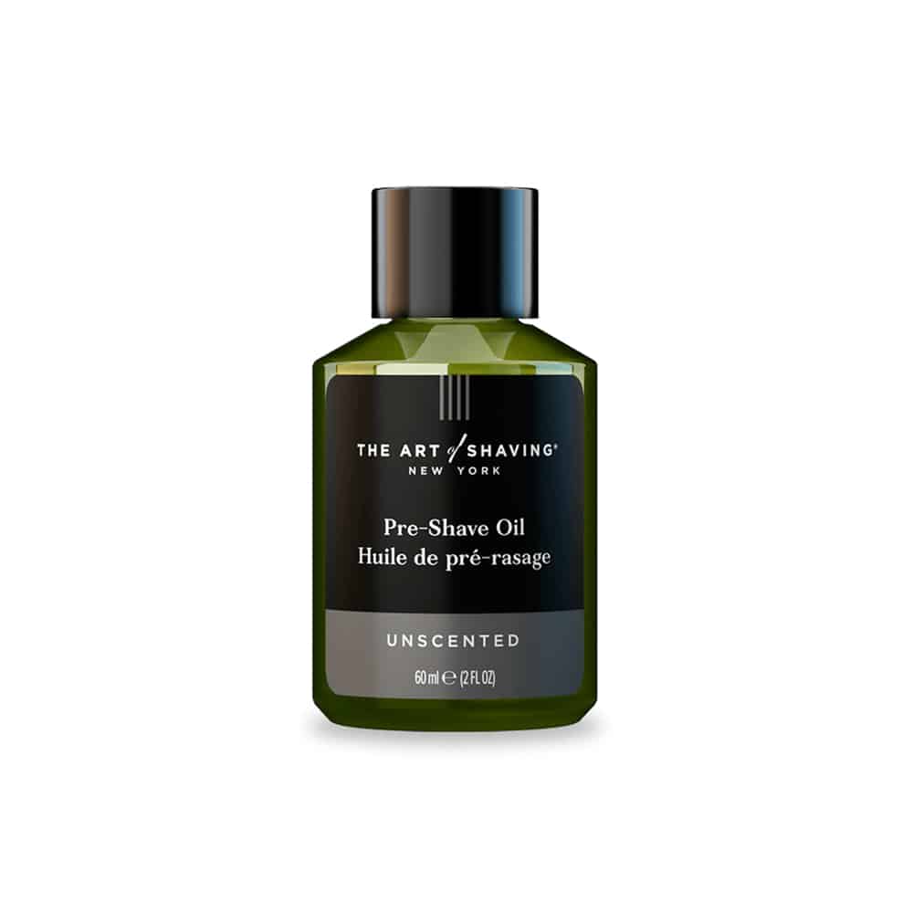 Unscented pre-shave oil bottle with green liquid, black label, and silver cap