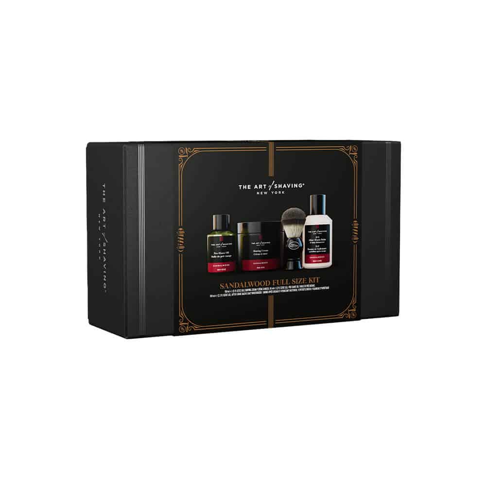 Sandalwood shaving kit box with shaving brush and grooming products
