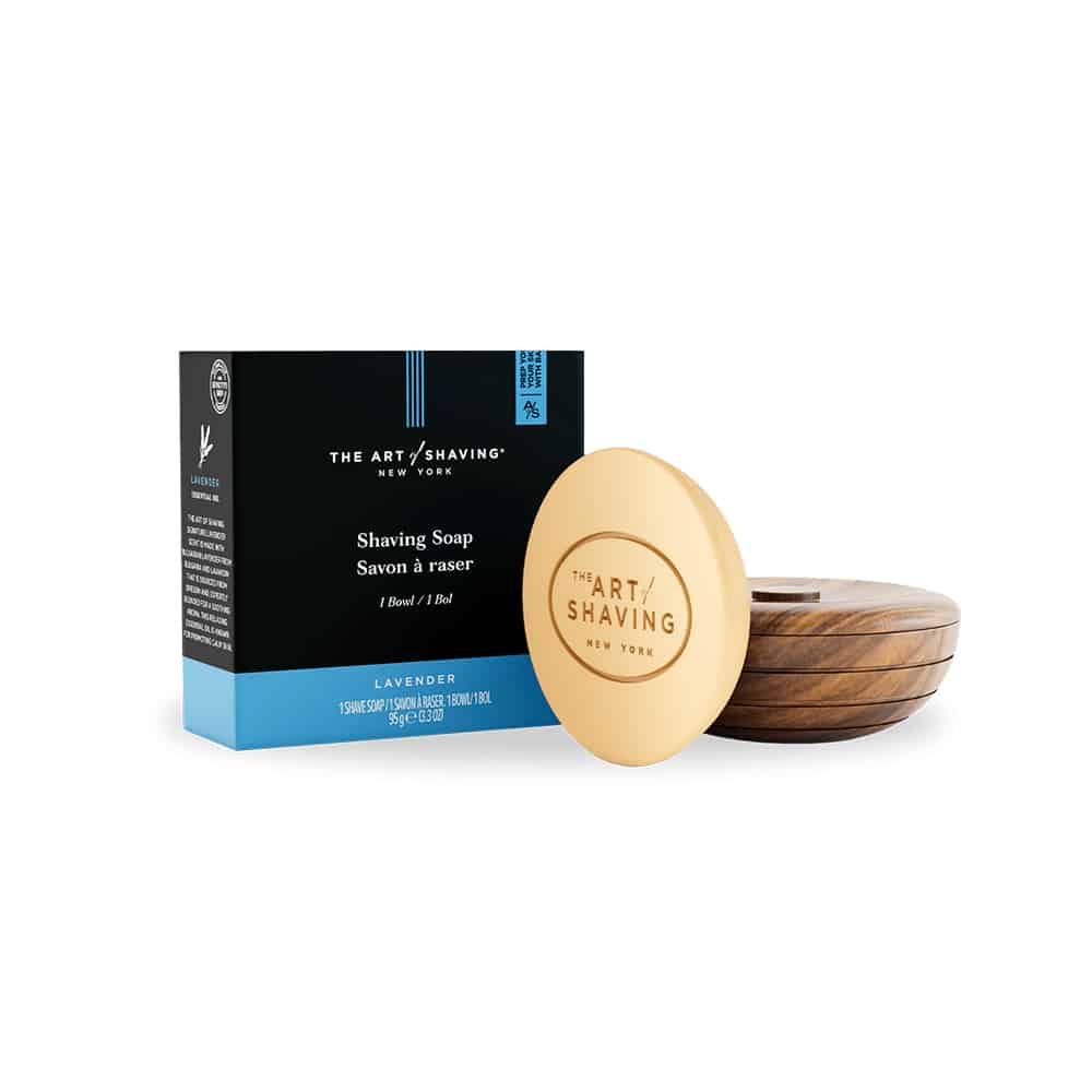 Lavender shaving soap with wooden bowl and circular soap disc