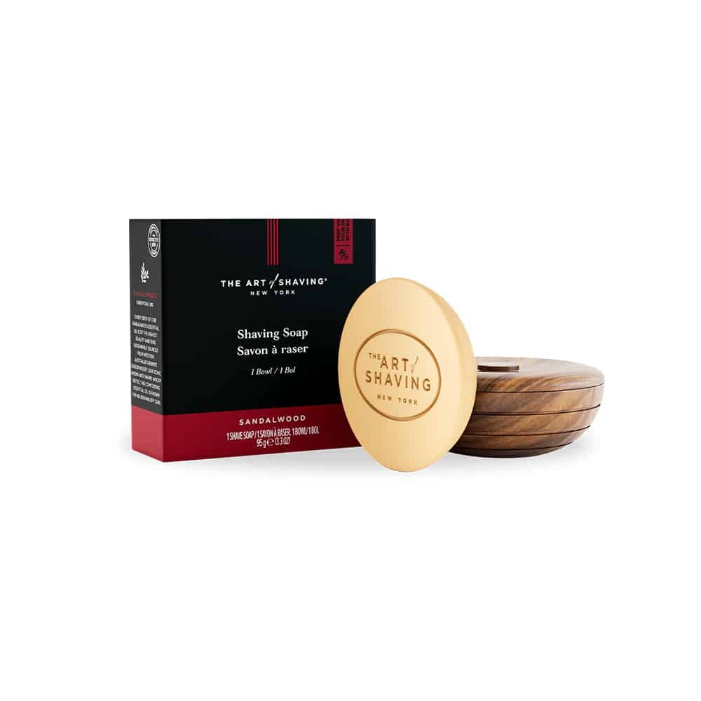 Shaving soap set with bowl, sandalwood; round cream-colored soap disc and wood bowl