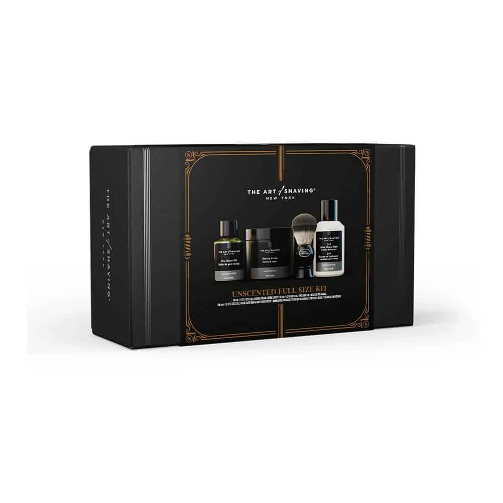 Unscented full-size shaving kit in black gift box with shaving brush and bottles