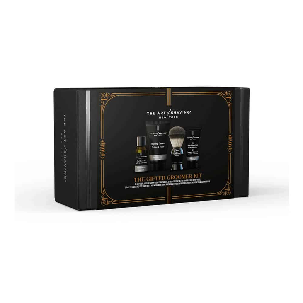 Unscented shaving groomer kit gift box with gold trim and pictured grooming bottles