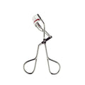Metal eyelash curler with curved pad and red accent, hinged handle, chrome finish