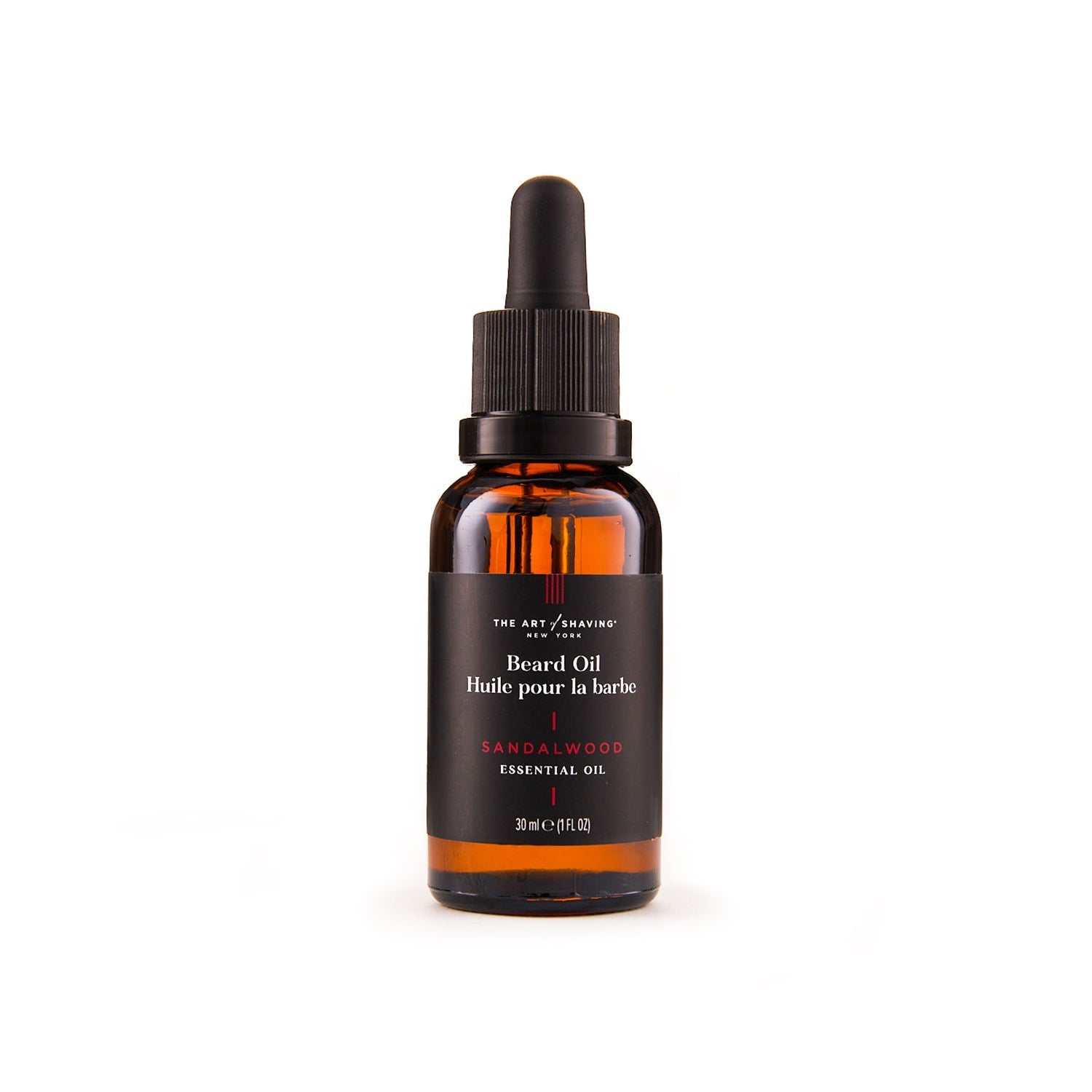 The Art of Shaving sandalwood beard oil bottle with dropper, amber glass, 1 oz