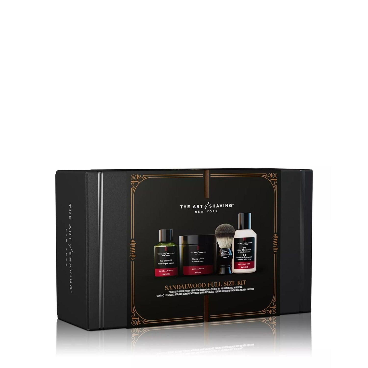 Sandalwood shaving full-size kit box with bottles and brush on front