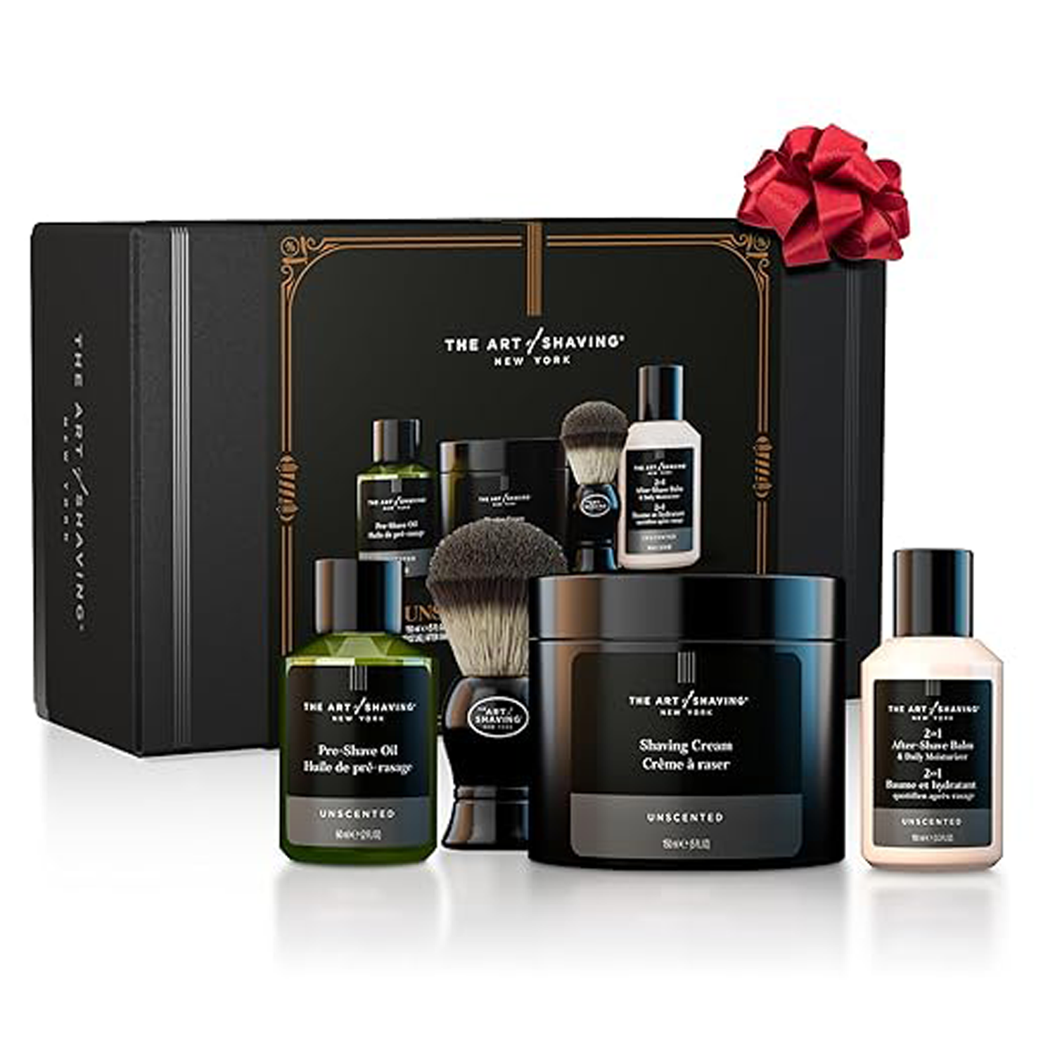 Unscented shaving kit set with pre-shave oil, cream, brush, balm and bottle