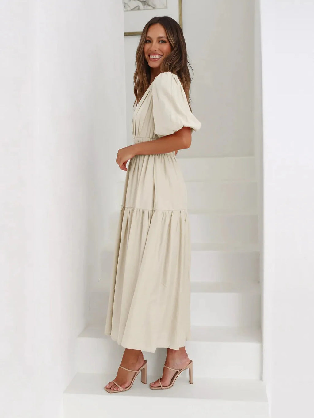 Tiered Surplice Half Sleeve Midi Dress
