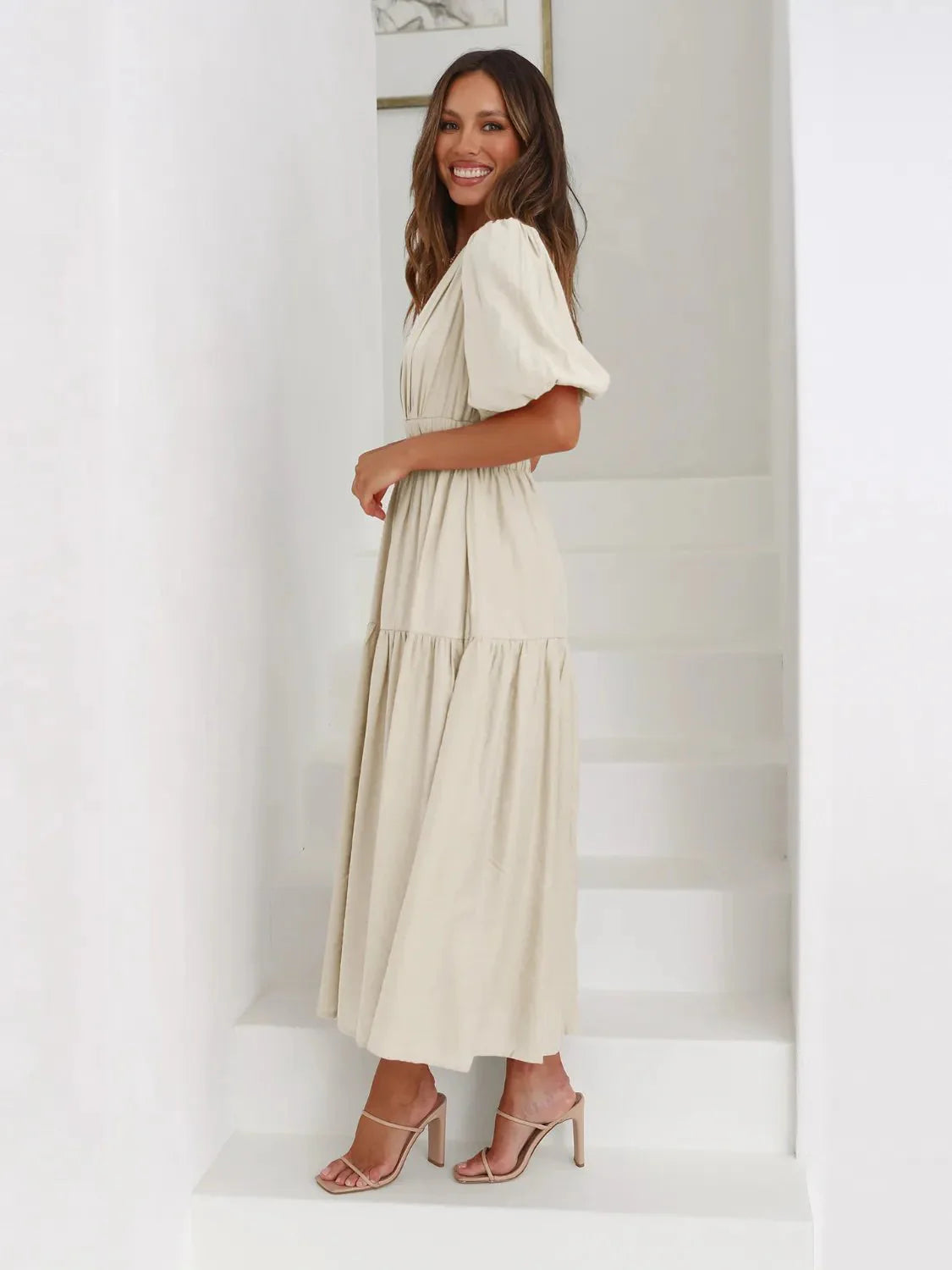 Tiered Surplice Half Sleeve Midi Dress